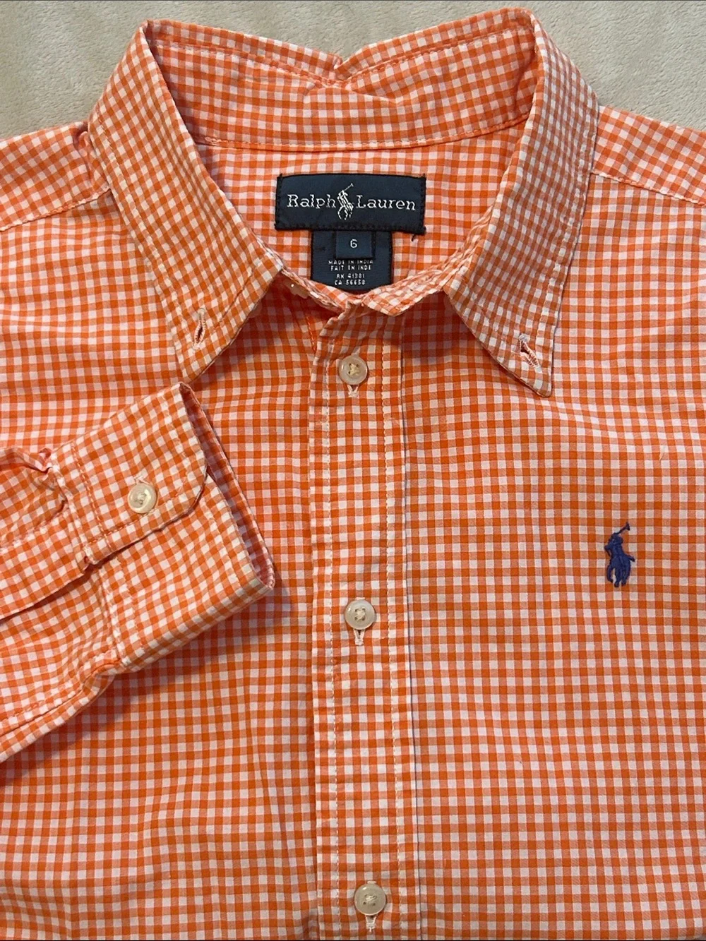 Polo Ralph Lauren Boys 6 Orange White Gingham Button Down Shirt Long Sleeve Pony
